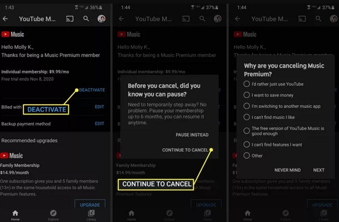 cancel youtube music andorid