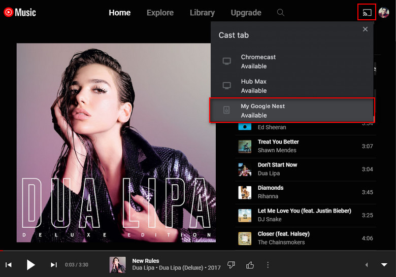 cast youtube music to google home web
